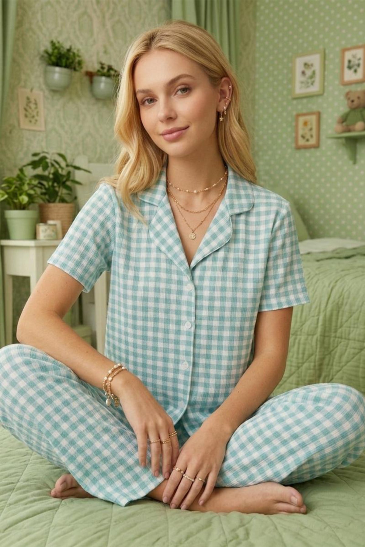 Kare Desenli Bürümçük kumaş Kısa Kollu Pijama Takımı 6065 Su Yeşili