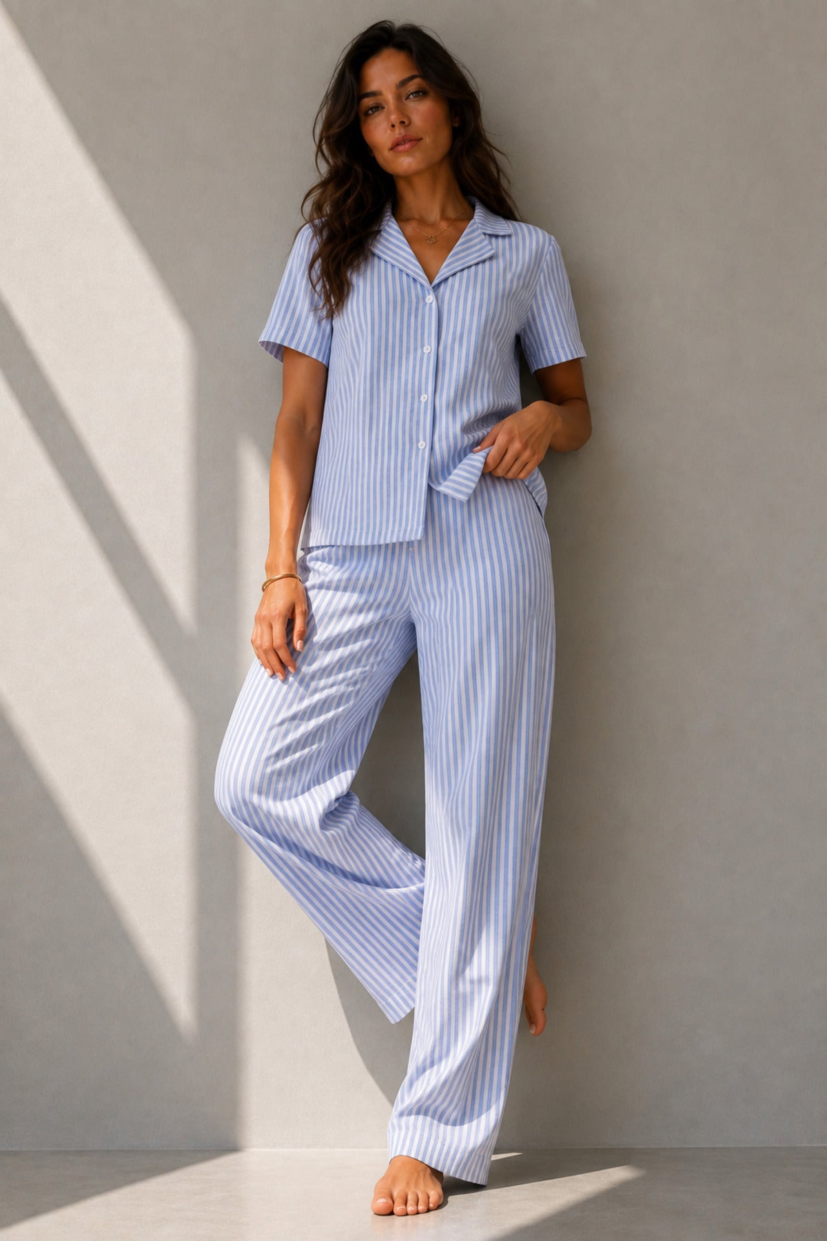 Kadın Klasik Doğal Düğme Gece Mavi Pijama Takımı
