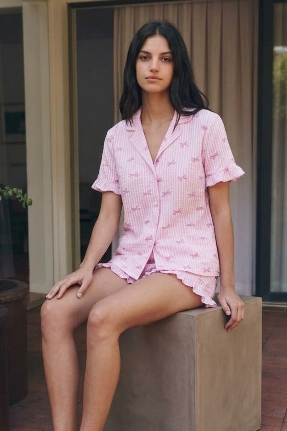 Kadın Esnek Şortlu Bol Pembe Pijama Takımı