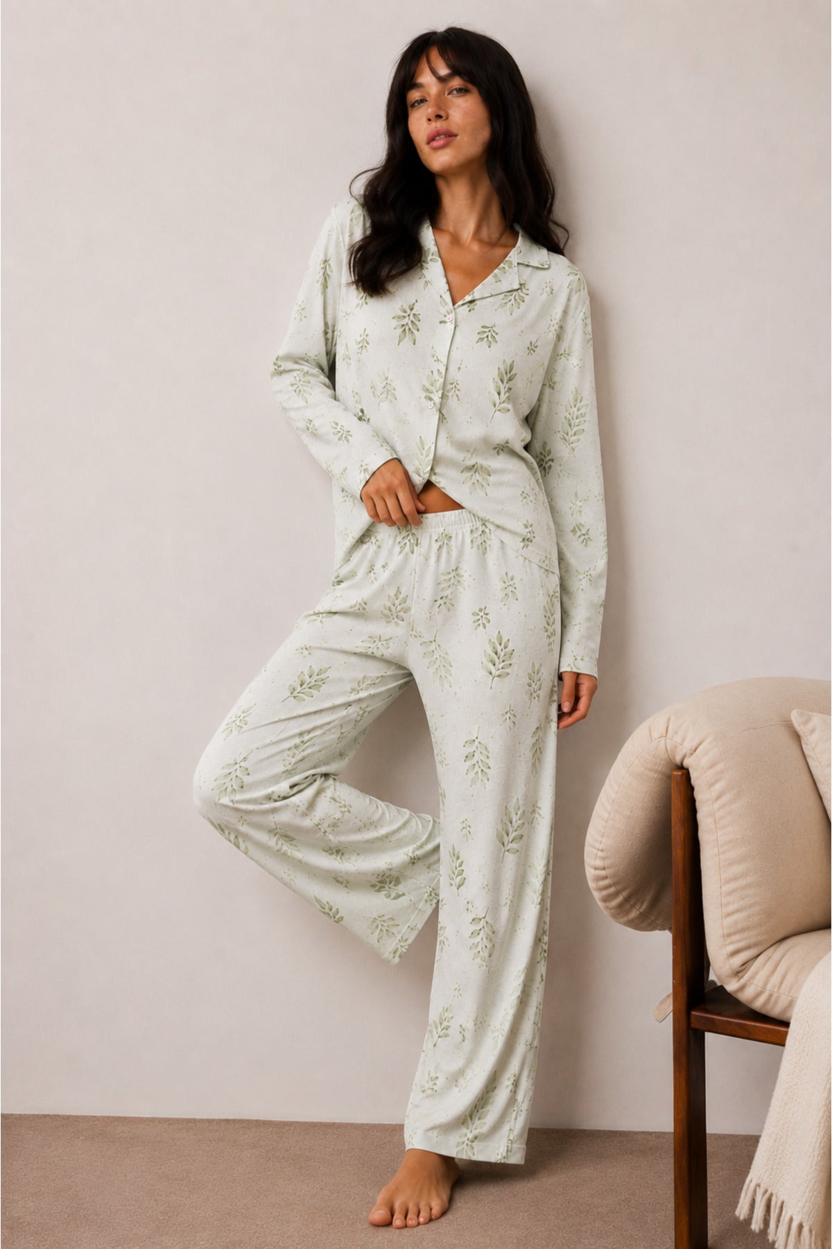 Kadın Düğmeli Kışlık Ev Çağla Yeşili Pijama Takımı
