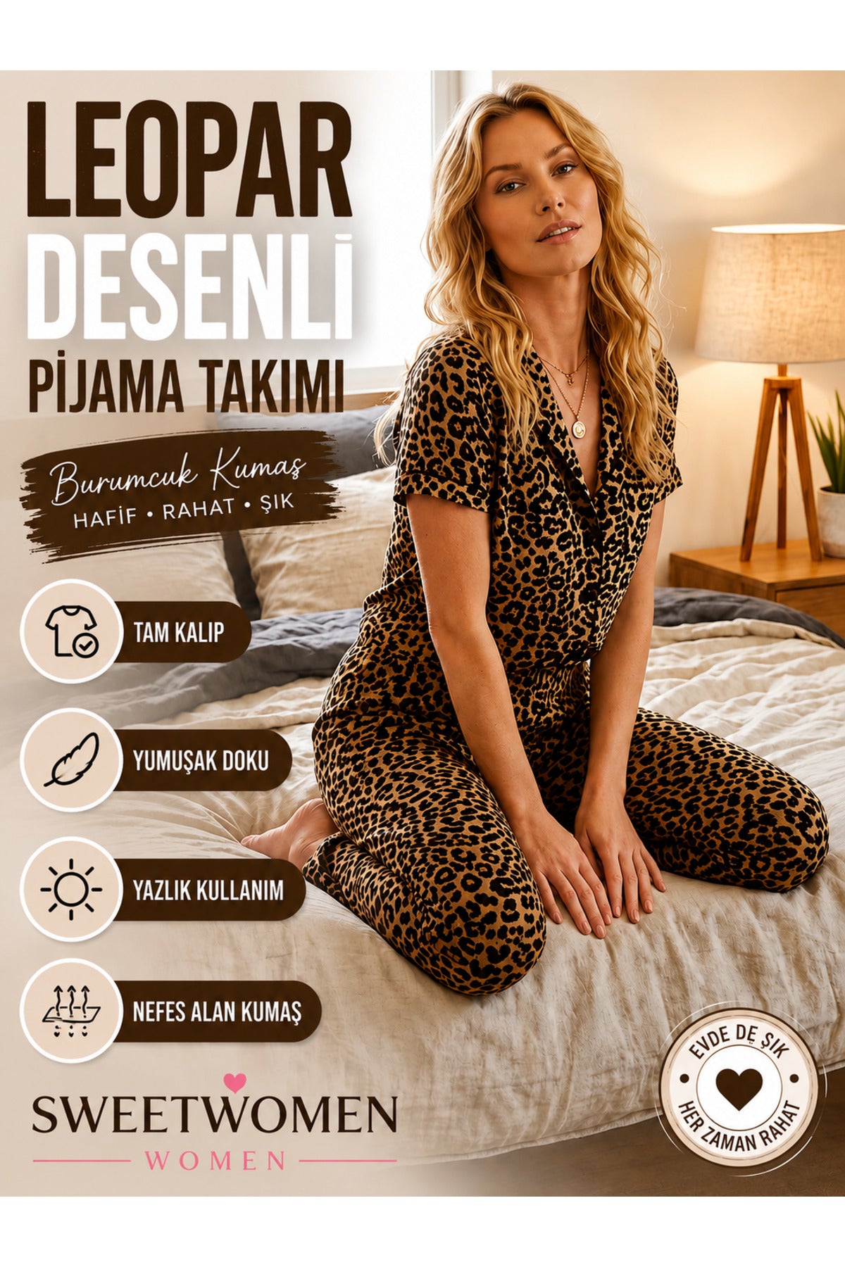 Kadın Leopar Desenli Bürumcük Kumaş Pijama Takımı Yazlık Rahat Kalıp Düğmeli Ev Giyim 4635 Kahverengi