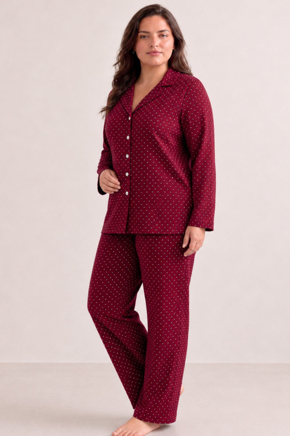Kadın Rahat Puantiyeli Düğmeli Kırmızı Pijama Takımı 824