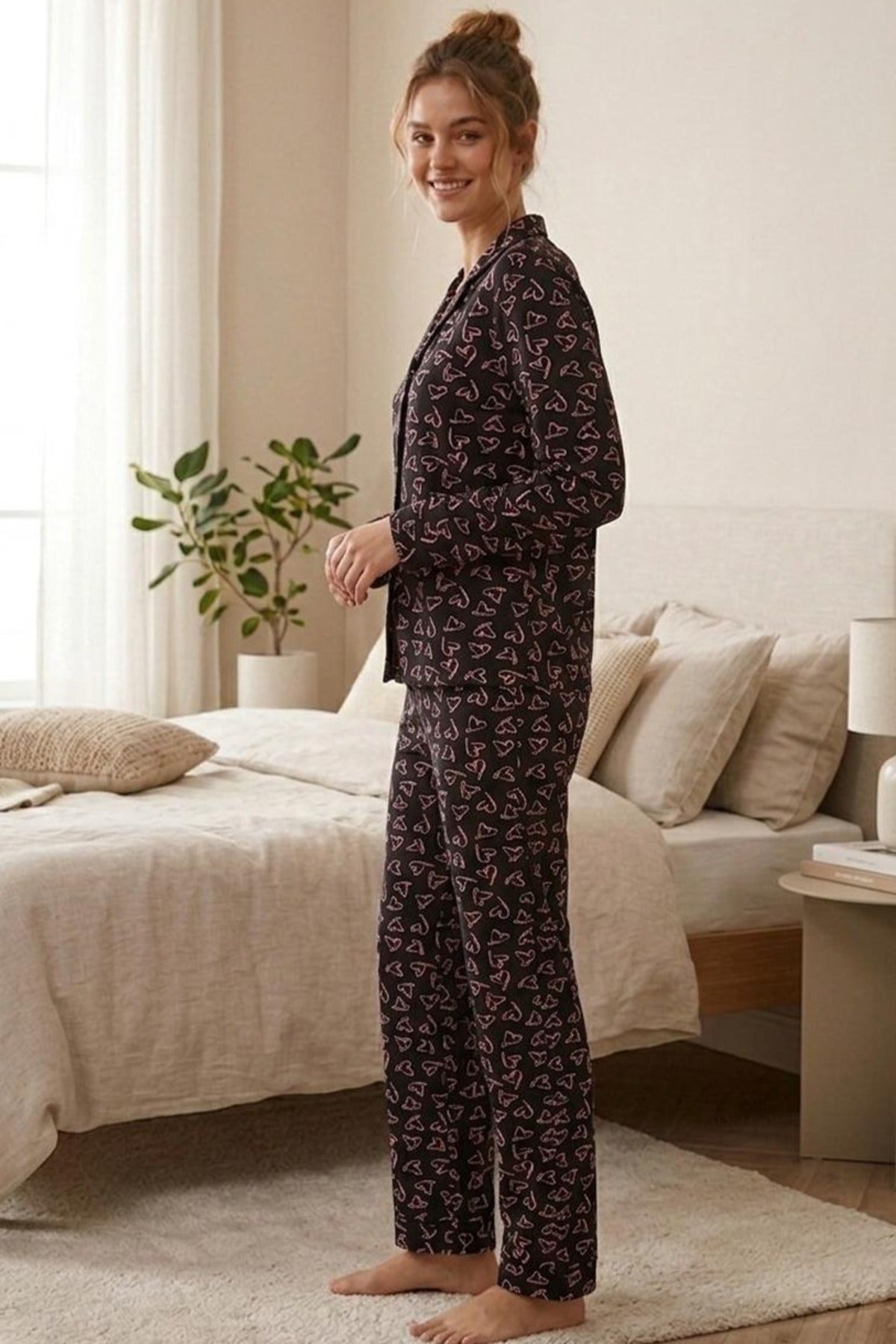 Pembe Kalp Desenli Uzun Kollu Pijama Takımı 4602 -Siyah