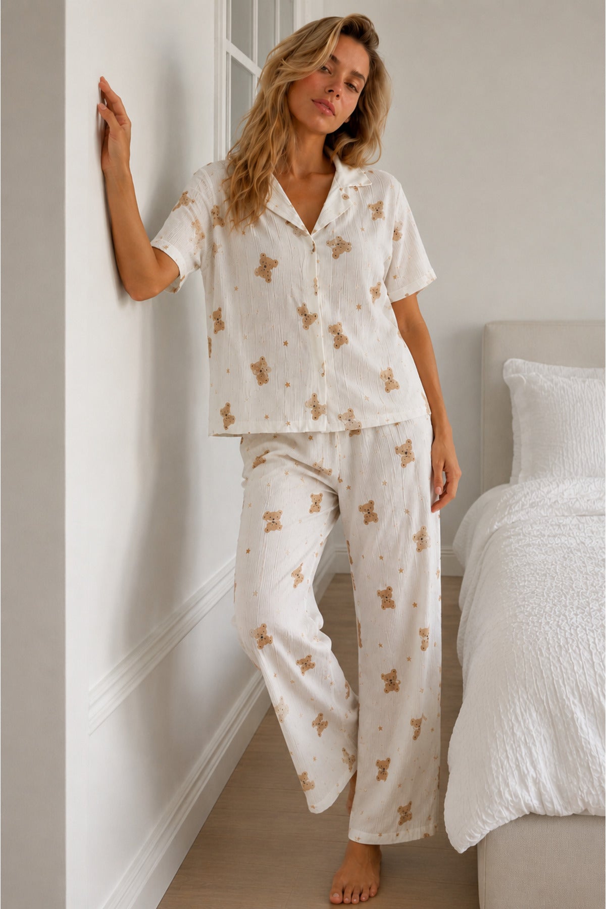 Kadın Loose Kalıp Pamuklu Kırık Beyaz Pijama Takımı