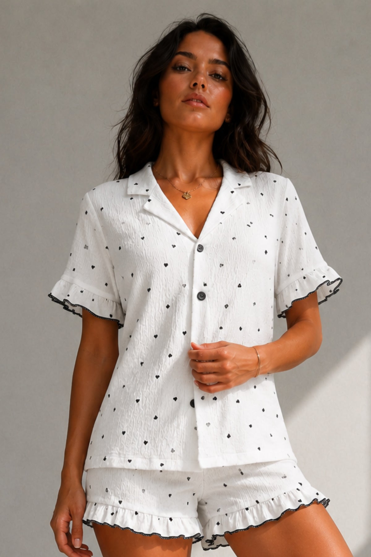 Kadın Süprem Gömlek Şort Düğme Beyaz Pijama Takımı