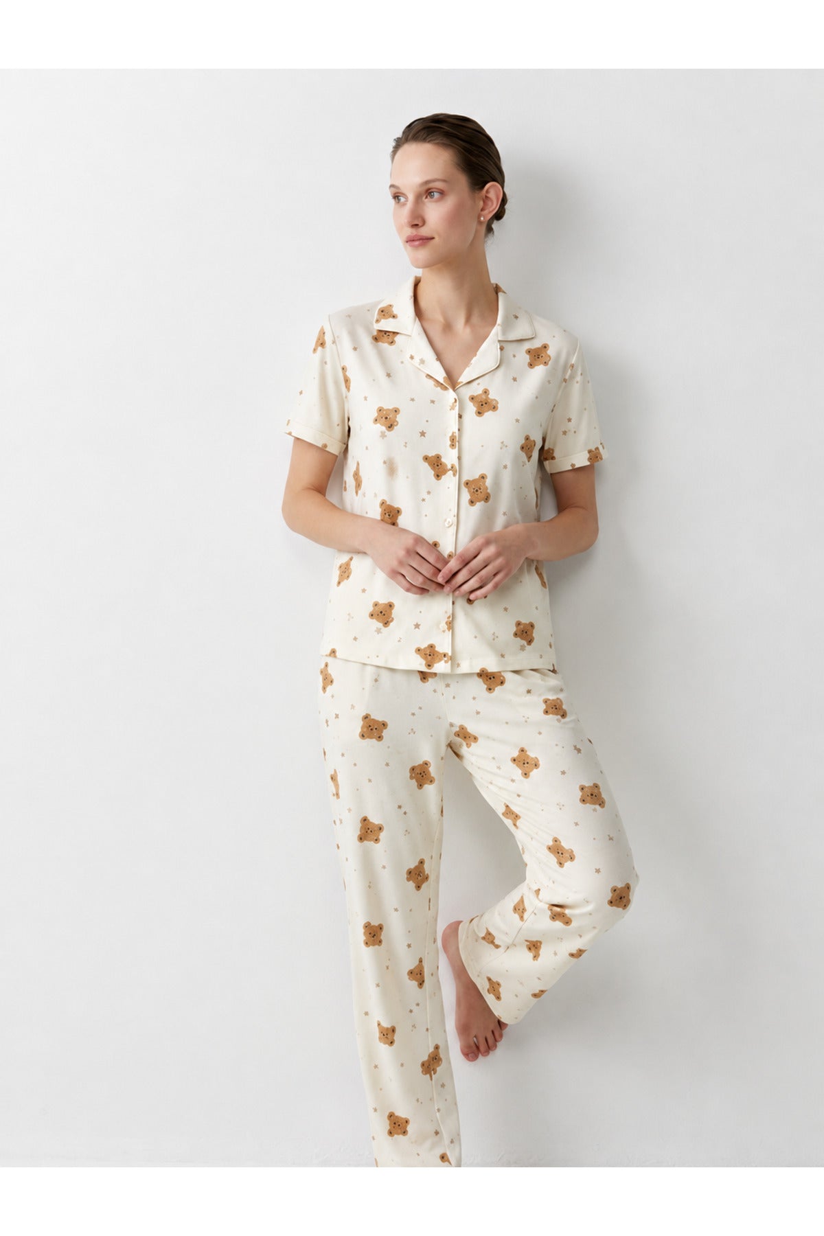 Regular V Yaka Günlük Kırık Beyaz Pijama Takımı