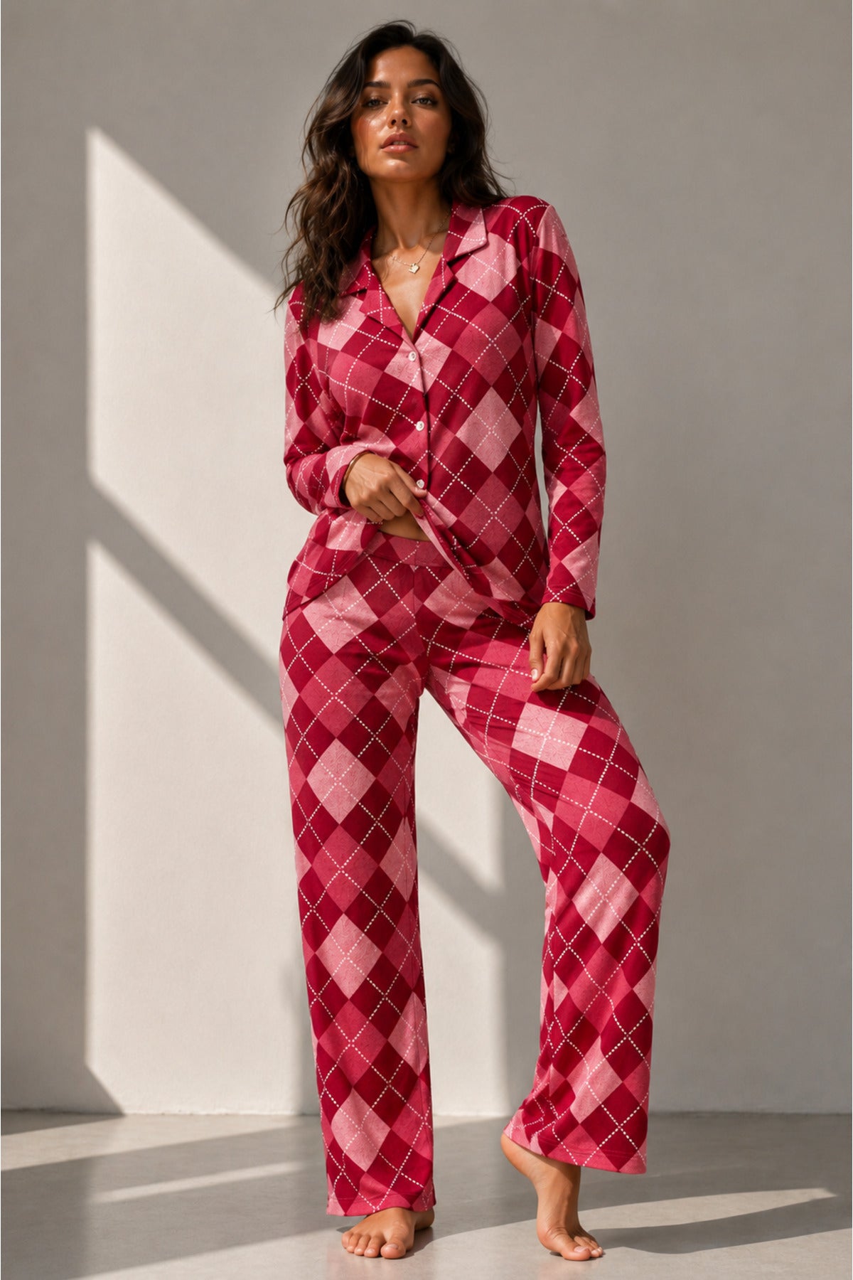 Kadın Uzun Kol Pamuklu Kırmızı Pijama Takımı