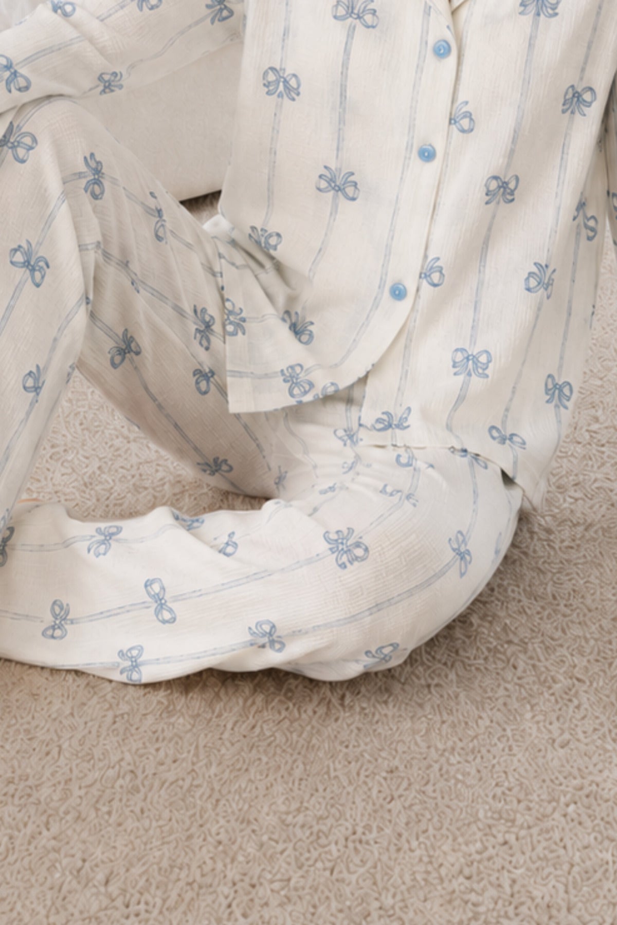 Kadın Desenli Relaxed Beyaz Pijama Takımı 4661