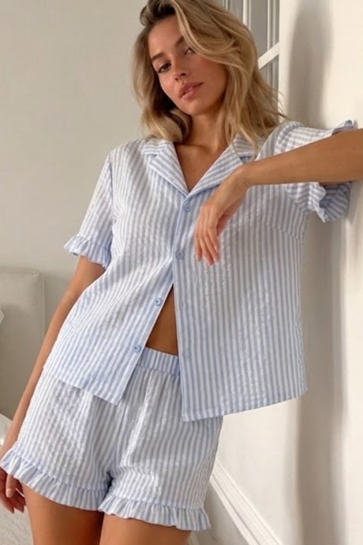 Kadın Viskon Kısa Kol Regular Mavi Pijama Takımı