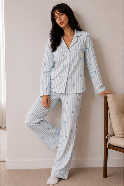 Kadın Düğmeli Kışlık Ev Mavi Pijama Takımı