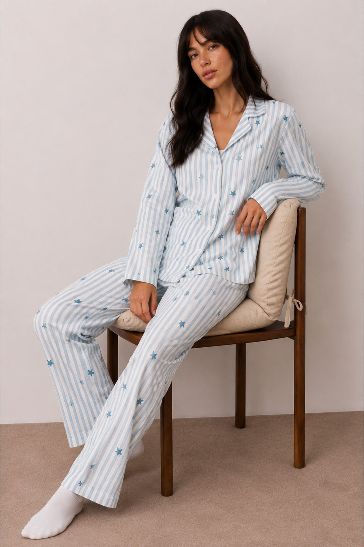 Kadın Düğmeli Kışlık Ev Mavi Pijama Takımı