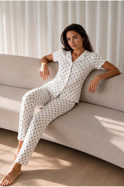 Kadın Loose Uzun Paça Pamuk Kar Beyaz Pijama Takımı