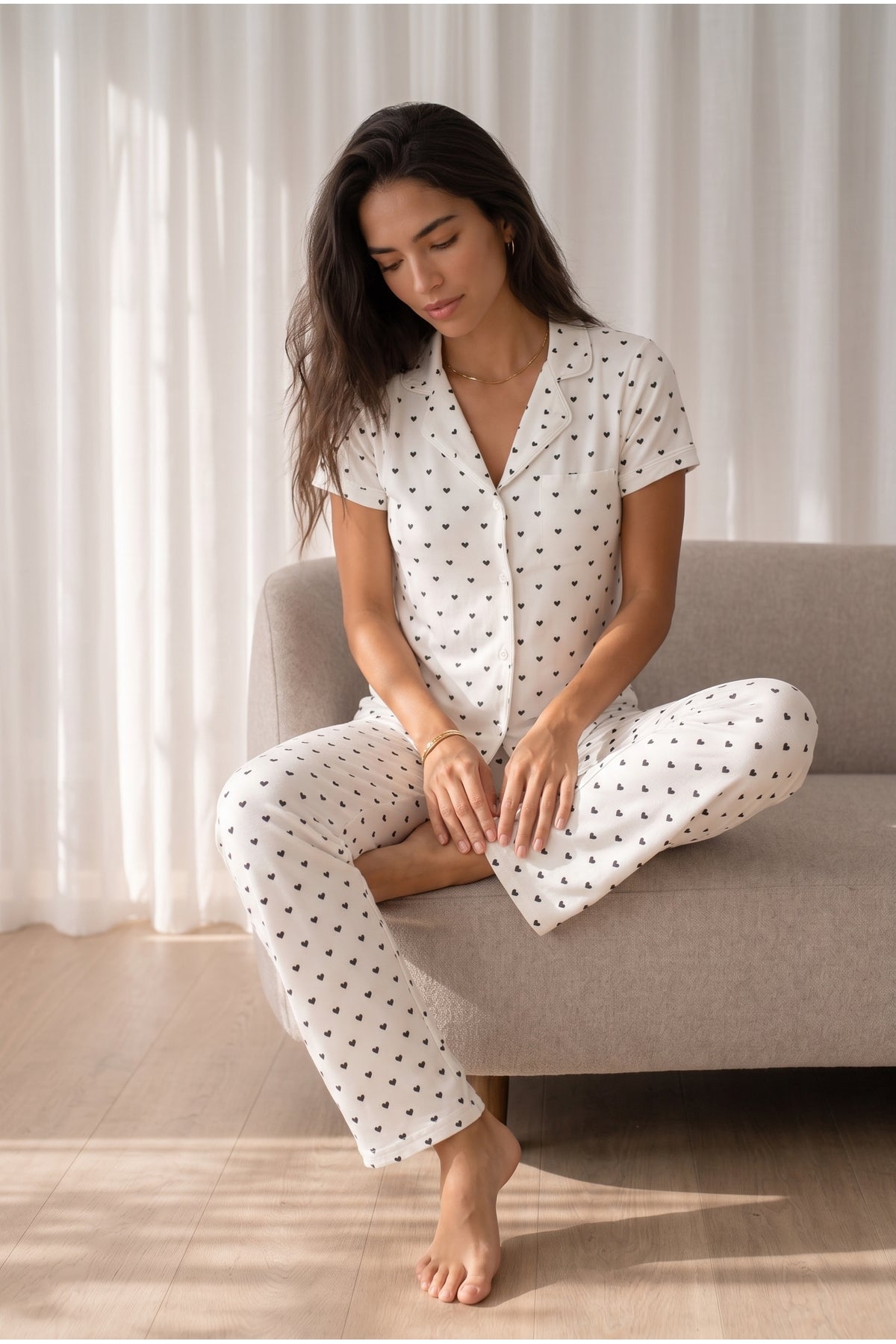 Kadın Loose Uzun Paça Pamuk Kar Beyaz Pijama Takımı