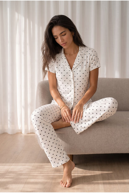 Kadın Loose Uzun Paça Pamuk Kar Beyaz Pijama Takımı