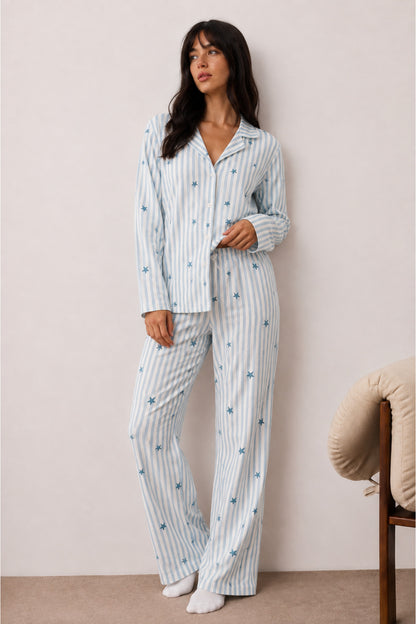 Kadın Düğmeli Kışlık Ev Mavi Pijama Takımı