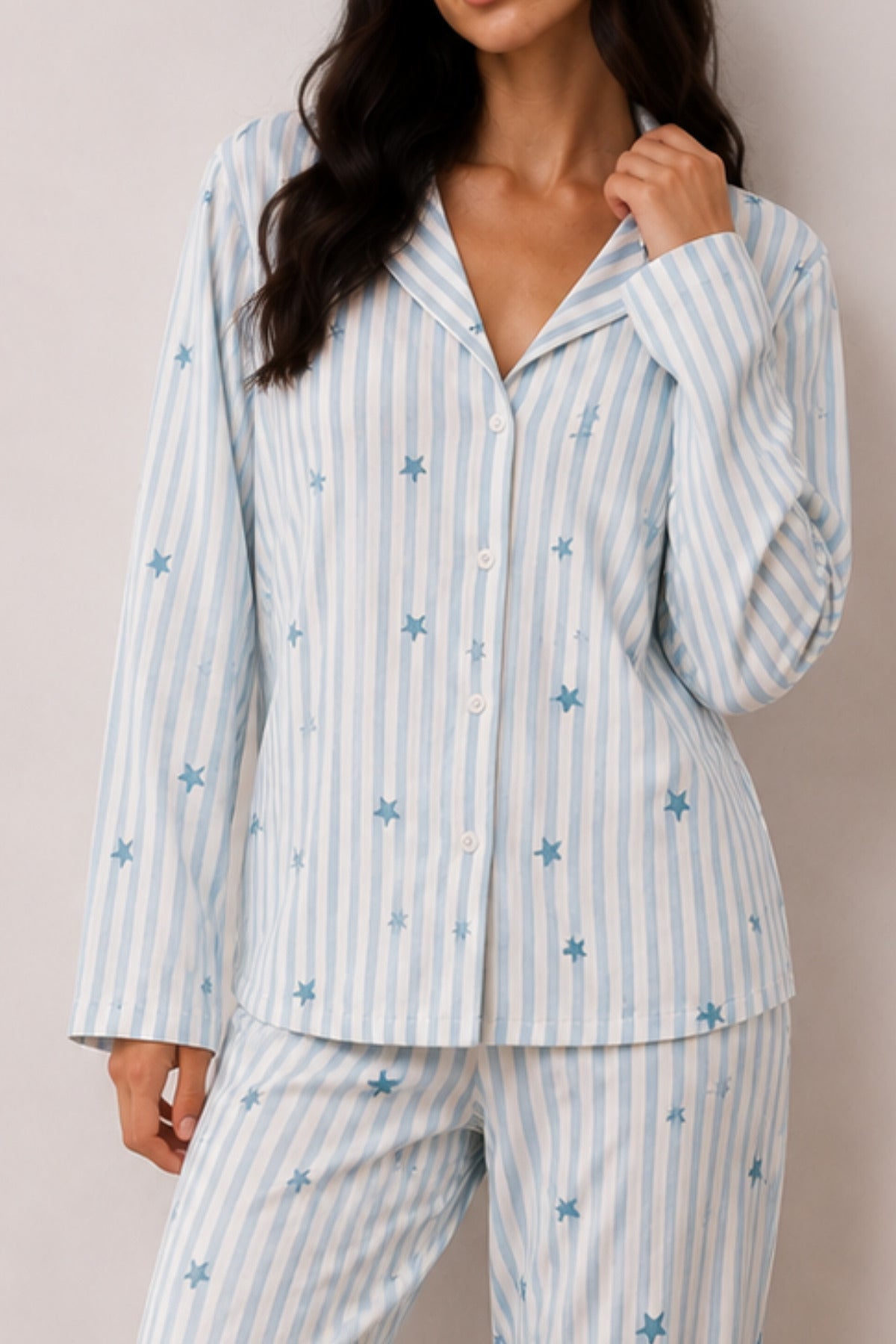 Kadın Düğmeli Kışlık Ev Mavi Pijama Takımı