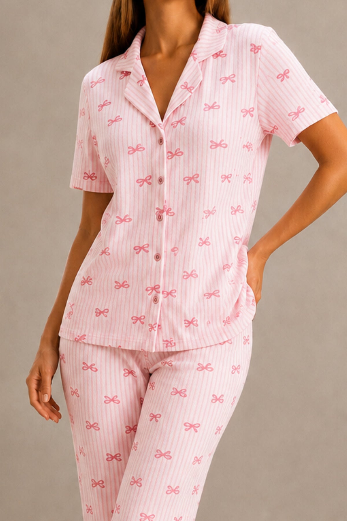Kadın Kısa Kol Rahat Kalıp Şık Pembe Pijama Takımı