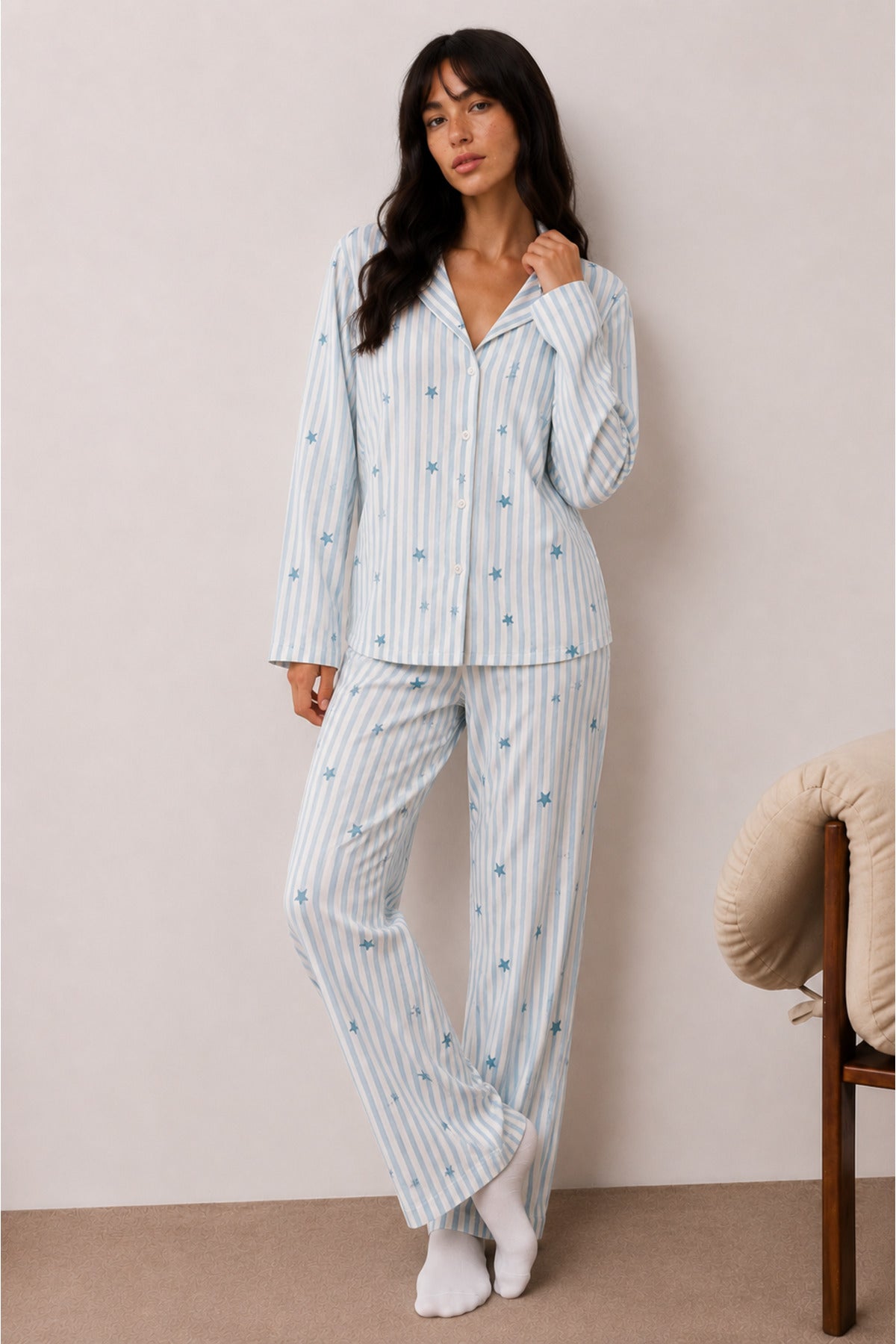 Kadın Düğmeli Kışlık Ev Mavi Pijama Takımı